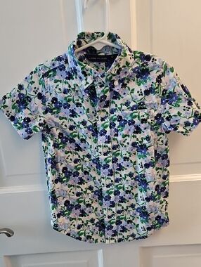Janie and Jack White Short-Sleeve Button-Down with Blue and Green Floral Print